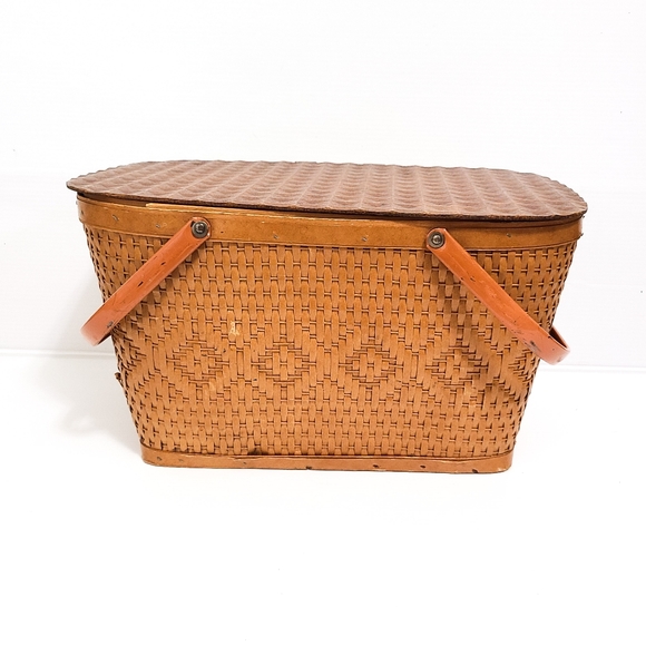VTG Redman '50s LARGE Straw Woven Wicker Picnic Basket with Picnic Blank… - Picture 2 of 6